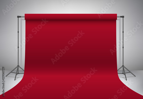 Empty photo studio. Realistic 3D template mock up. Backdrop stand (tripods) with vinous paper backdrop. Red background and grey wall. Vector illustration. photo