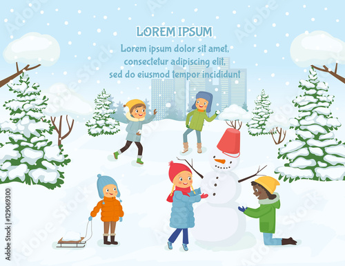 Children playing outside on the background of snowy city