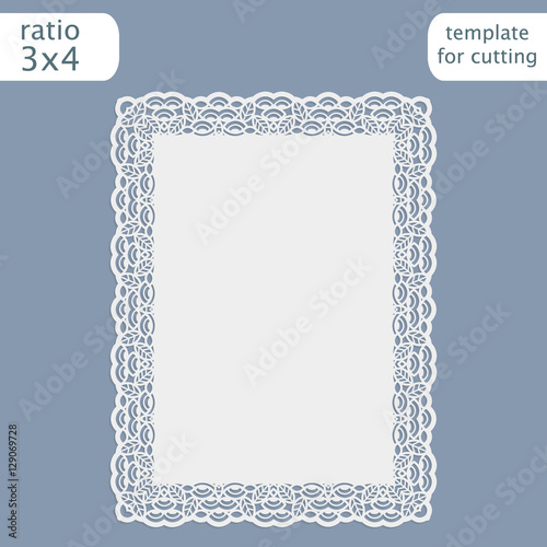 Laser cut wedding invitation card template with openwork border. Cut out the paper card with lace pattern. Greeting card template for cutting plotter. Vector.