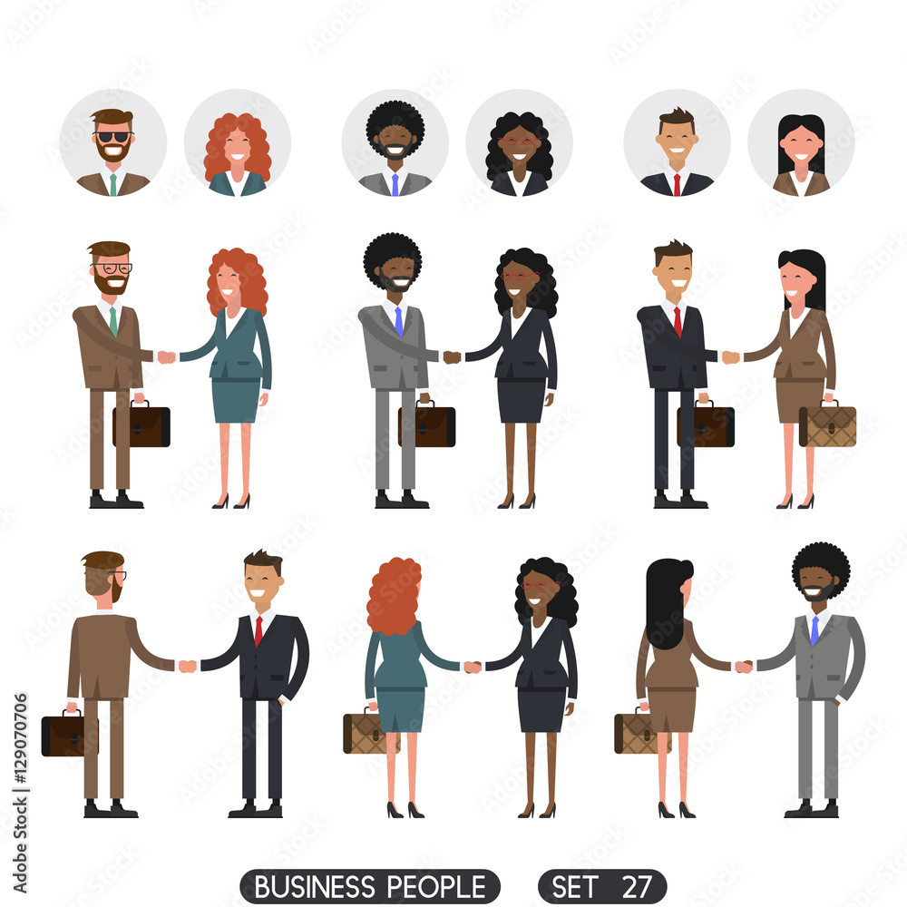People at work with handshaking on white background. Business people set 27. Avatars People at work with handshaking on white background. Business people set 27. Avatars