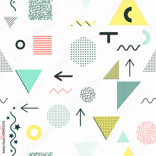 Trendy geometric elements memphis cards, seamless pattern.