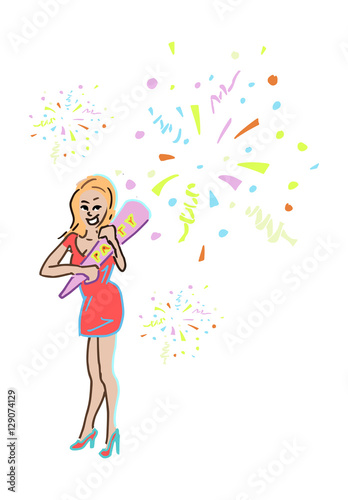 Kleurige lijntekening van meisje met confetti kanon