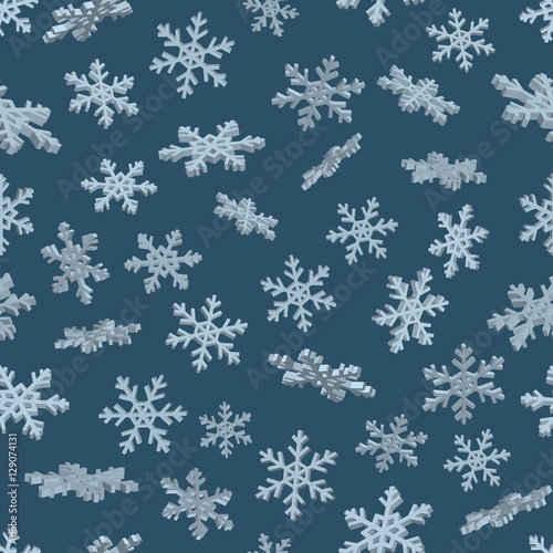 3D snowflakes. Blue seamless background