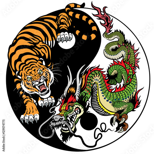 dragon and tiger yin yang symbol of harmony and balance. Vector illustration