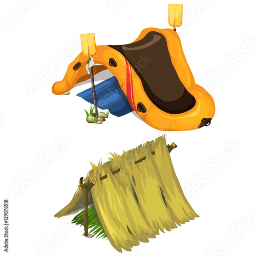 Vector inflatable boat, oars, and shelter of straw