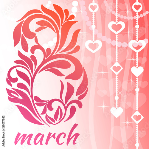 Greeting card with 8 March. Decorative Font with swirls and floral elements.