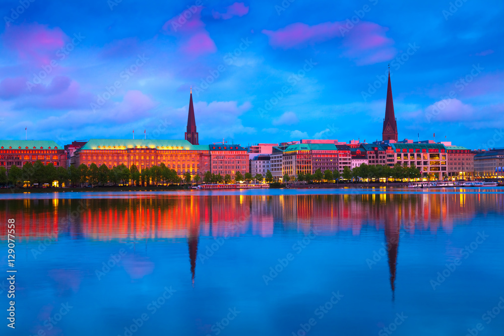Hamburg Skyline and Alster in the Evening, Germany