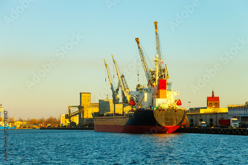 Cargo ship moored at the quayside in the port of Gdansk, Poland.
