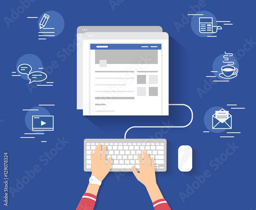 Woman sitting at the table and working with laptop in social networks with social media symbols. Flat illustration top view of people working at home using laptop and typing something for blog