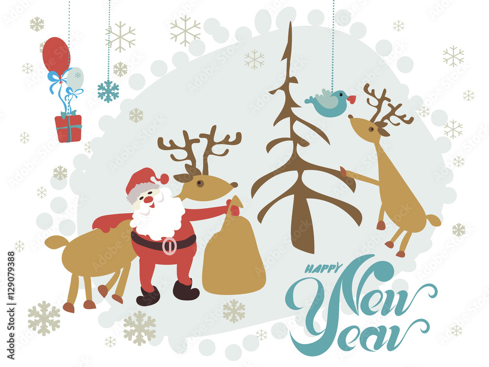 Naklejka premium Santa Claus and reindeer against a dark background. for posters, flyers, brochures, postcards, web, banner, board, card, 