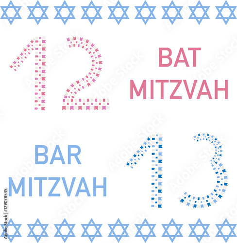 Bat mitzvah and bar mitzvah. 12 and 13 years old. Vector illustration.