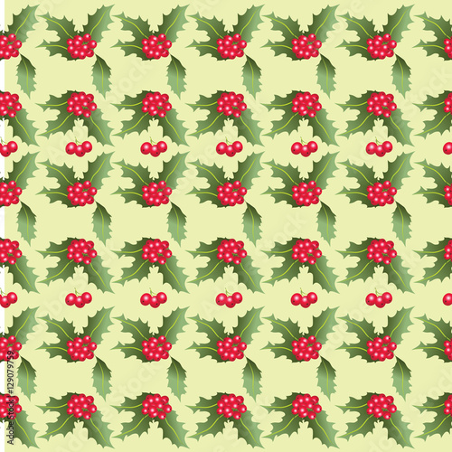 Christmas pattern of Holly leaves and berries. Seamless pattern. Design for textiles, tapestries, napkins, wrapping paper.