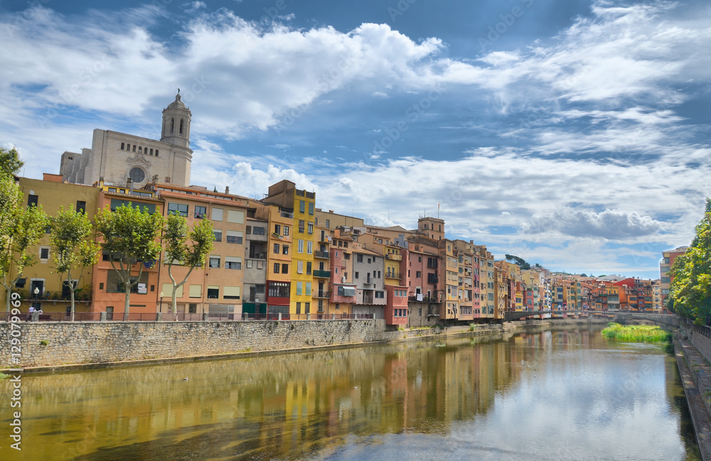 Panorama of the Catalan  city of Girona on the river Onyar

