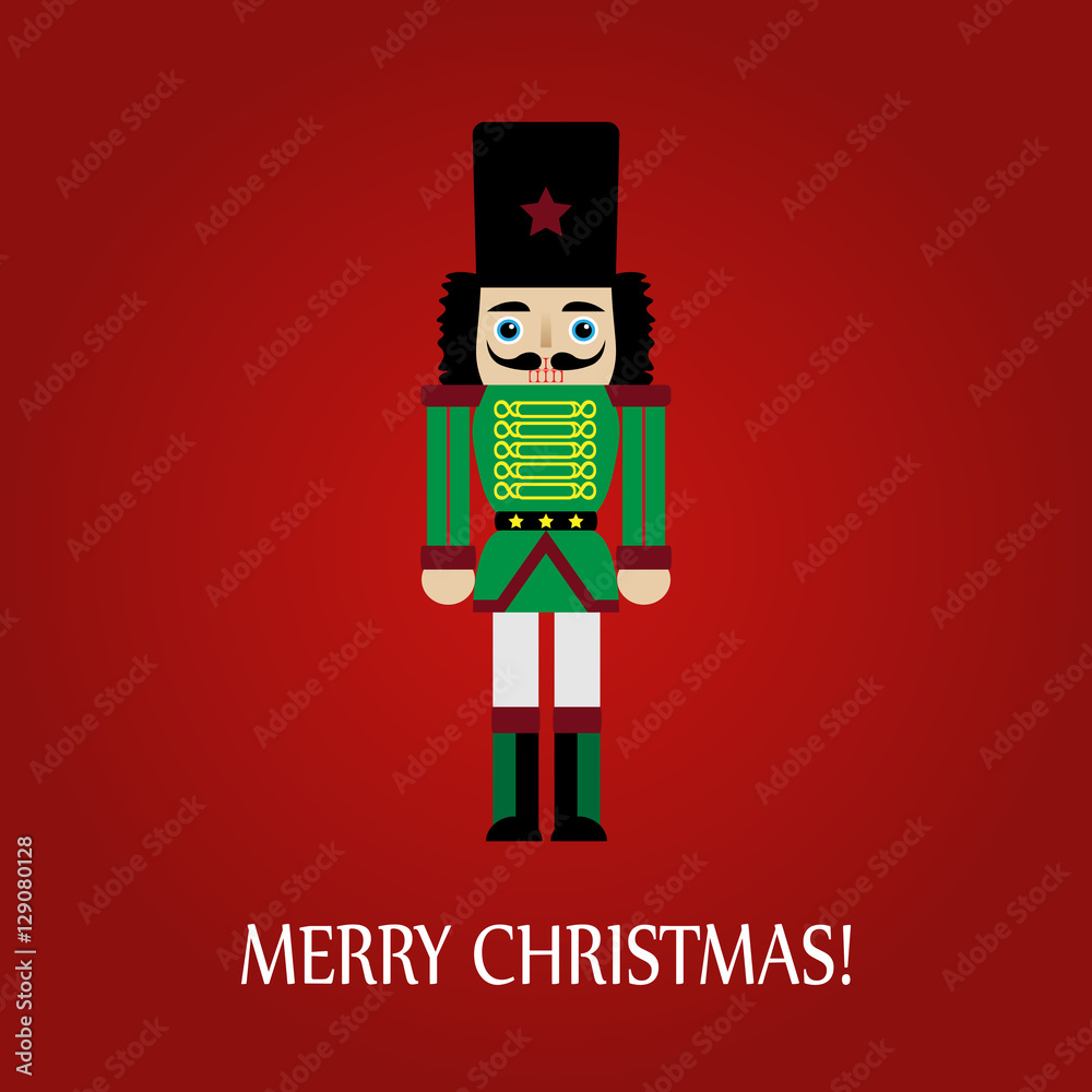 Obraz premium Christmas greeting card with a nutcracker on a red background