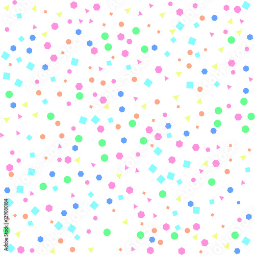 Multicolored pattern geometric shapes on white background. Vector illustration. Shiny backdrop. Art deco style. Polka dots, confetti.