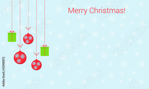 Christmas background with decorations of Christmas balls and gifts, snowflakes. Snowy winter festive background with Christmas elements. 