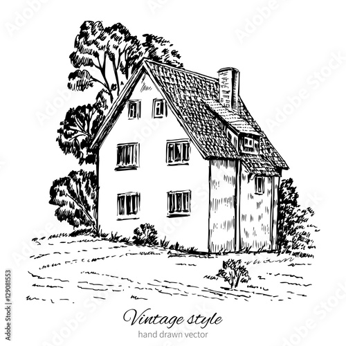 Vintage tile old european house, vector engraving sketch mansion, Rural landscape, Historical building line art isolated, touristic postcard, poster, calendar template, book illustration, pages idea