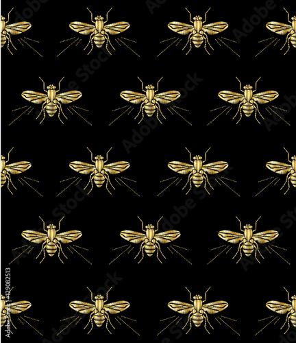 Seamless pattern. Embroidered gold fly on a black background. Insect embroidery