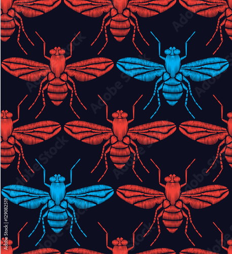 Seamless pattern of stylized insects. Embroidered fly.