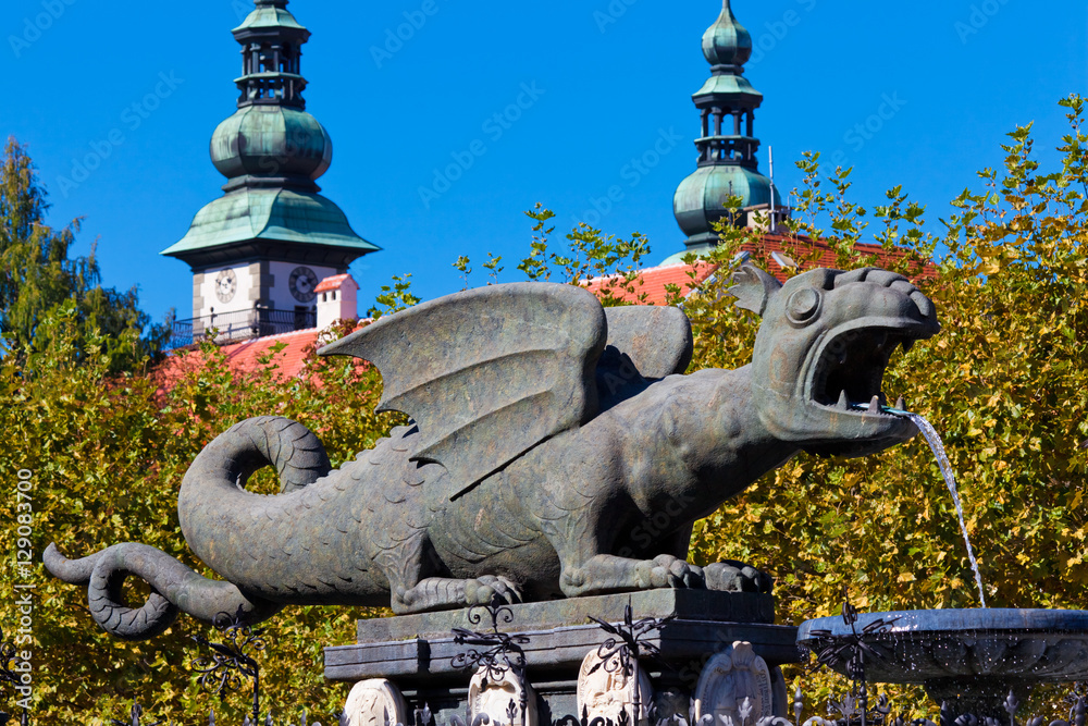 Lindworm Fountain - symbol of the city Klagenfurt in Austria