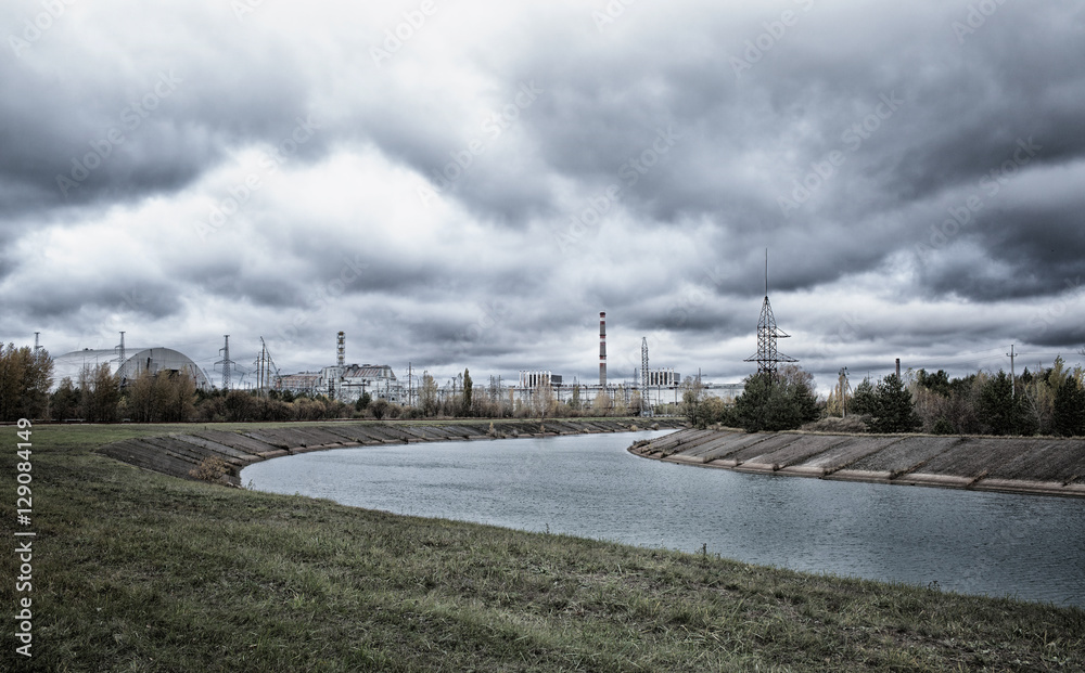 Chernobyl alienation zone. View of Chernobyl atomic plant.