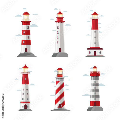 Cartoon lighthouse icons. Vector beacon or pharos set for sea security illustration
