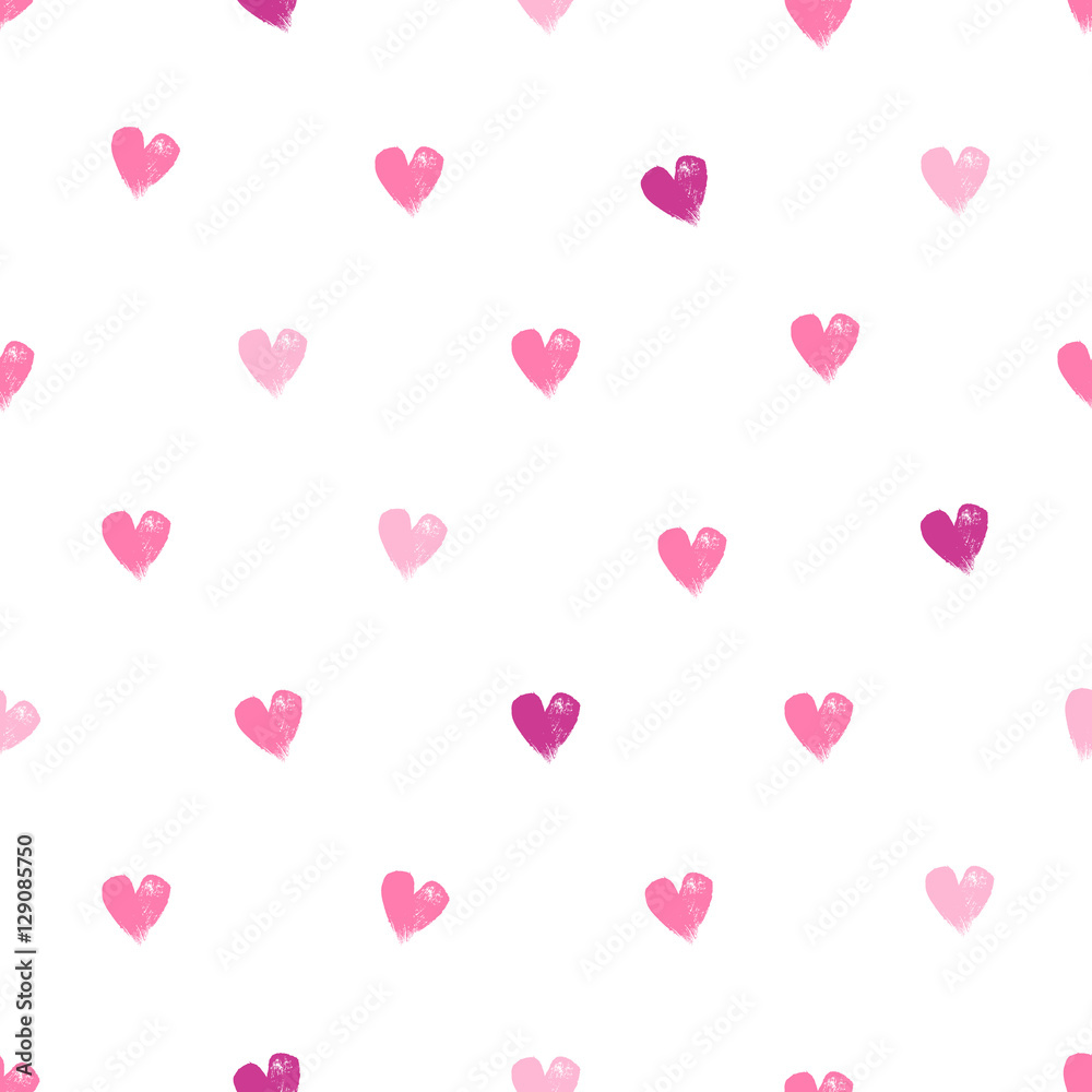Hearts on white background seamless pattern. Hand drawn texture.