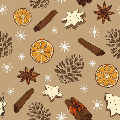Christmas / New Year pattern with spices and oranges
