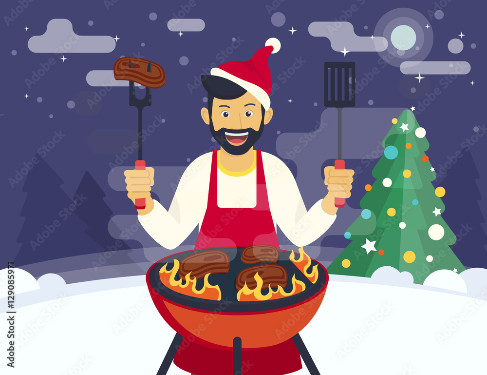 BBQ xmas holiday party. Flat illustration of smiling guy is cooking beef  steak barbecue outdoors near