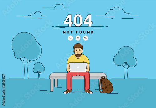 404 error page not found illustration of young upset man is sitting with laptop outdoors and seeing 404 error on screen. Flat outlined illustration of guy working with laptop and problems with website