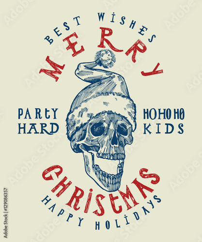 Santa Claus skull print. Tough Christmas design. Party hard winter holidays. Spooky santa. dead head Christmas.
