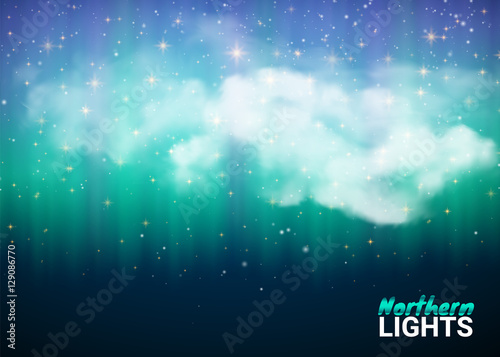Magic Fabulous Night Sky with Clouds and Realistic colored Northern or polar lights. Starry Aurora Beautiful Natural Effect for Design Projects. Vector Illustration.