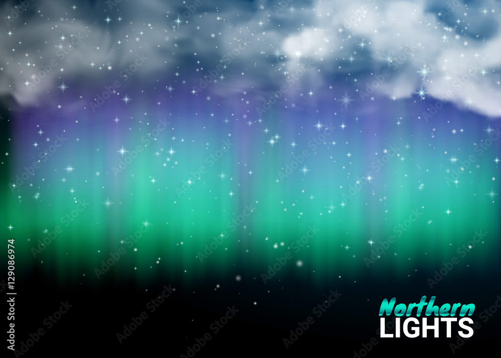 Deep Night Dark Sky Magic Fabulous with Clouds and Realistic Colored Northern or polar lights. Starry Aurora Beautiful Natural Effect for Design Projects. Vector Illustration. Deep Night Dark Sky Magic Fabulous with Clouds and Realistic Colored Northern or polar lights. Starry Aurora Beautiful Natural Effect for Design Projects. Vector Illustration.