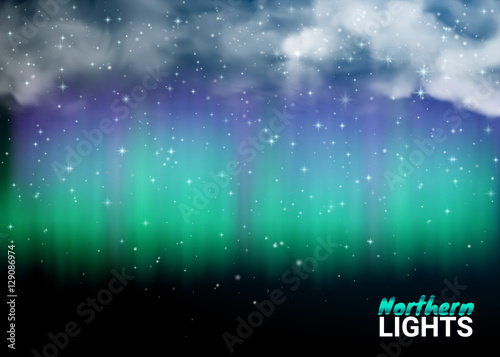 Deep Night Dark Sky Magic Fabulous with Clouds and Realistic Colored Northern or polar lights. Starry Aurora Beautiful Natural Effect for Design Projects. Vector Illustration.