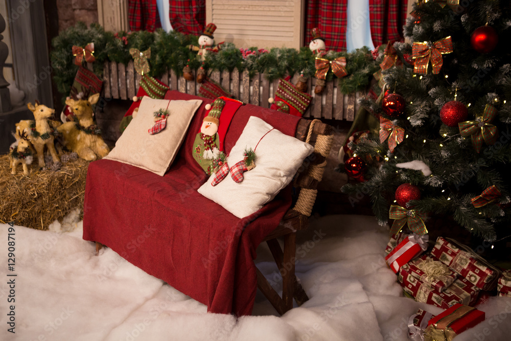 Christmas home decorations: sofa with pillows