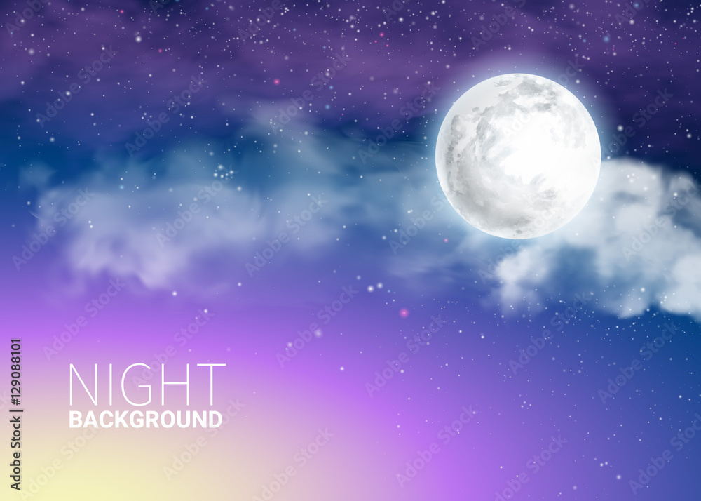 Mystical Sky Full Moon Against the background of the galaxy and Milky Way. Moonlight night. Realistic clouds. Shining Stars on dark blue. Vector illustration.