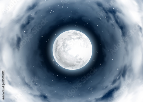 Mystical Night sky. Vortex of Clouds Around the Full Moon. Moonlight. Realistic. Shining Stars on dark blue. Vector illustration background.