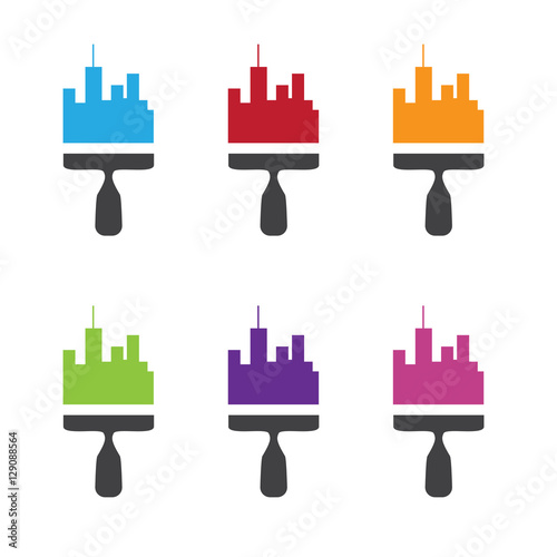 vector set of city skyline renovation icons with paint brushes