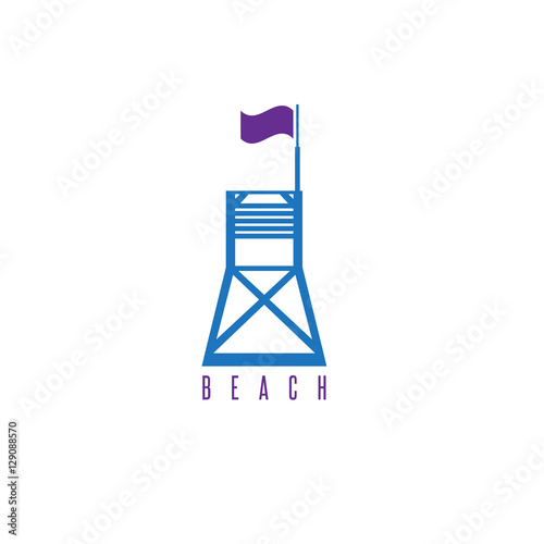 Vector illustration flat lifeguard beach tower with flag