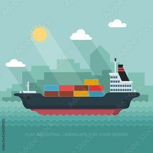 Landscape s sailing ship. Carrier, Containers on the Container S