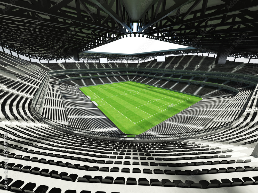 Fototapeta premium 3D render of a large capacity soccer-football Stadium with an open roof and black chairs