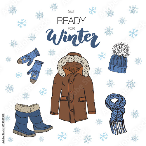 Winter season set doodle elements. Hand drawn sketch colection with boots, warm clothes, socks, gloves, coat and hat. Lettering winter. vector illustration.
