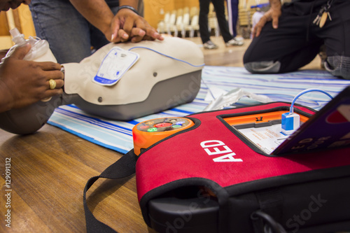 cpr with aed training and blur background