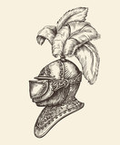 Medieval knight helmet. Vintage sketch, vector illustration