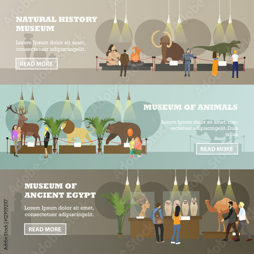 Vector set of banners with various museum expositions, flat style