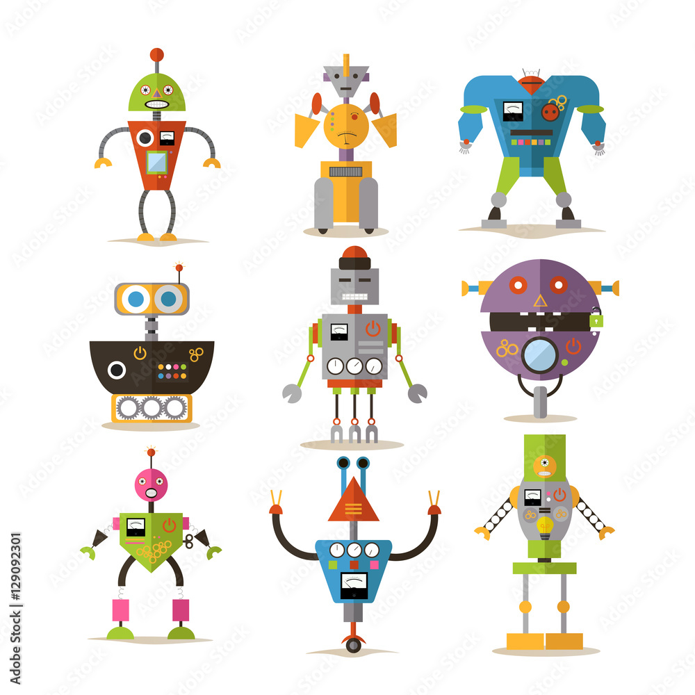 Vector set of robots isolated on white background, flat style