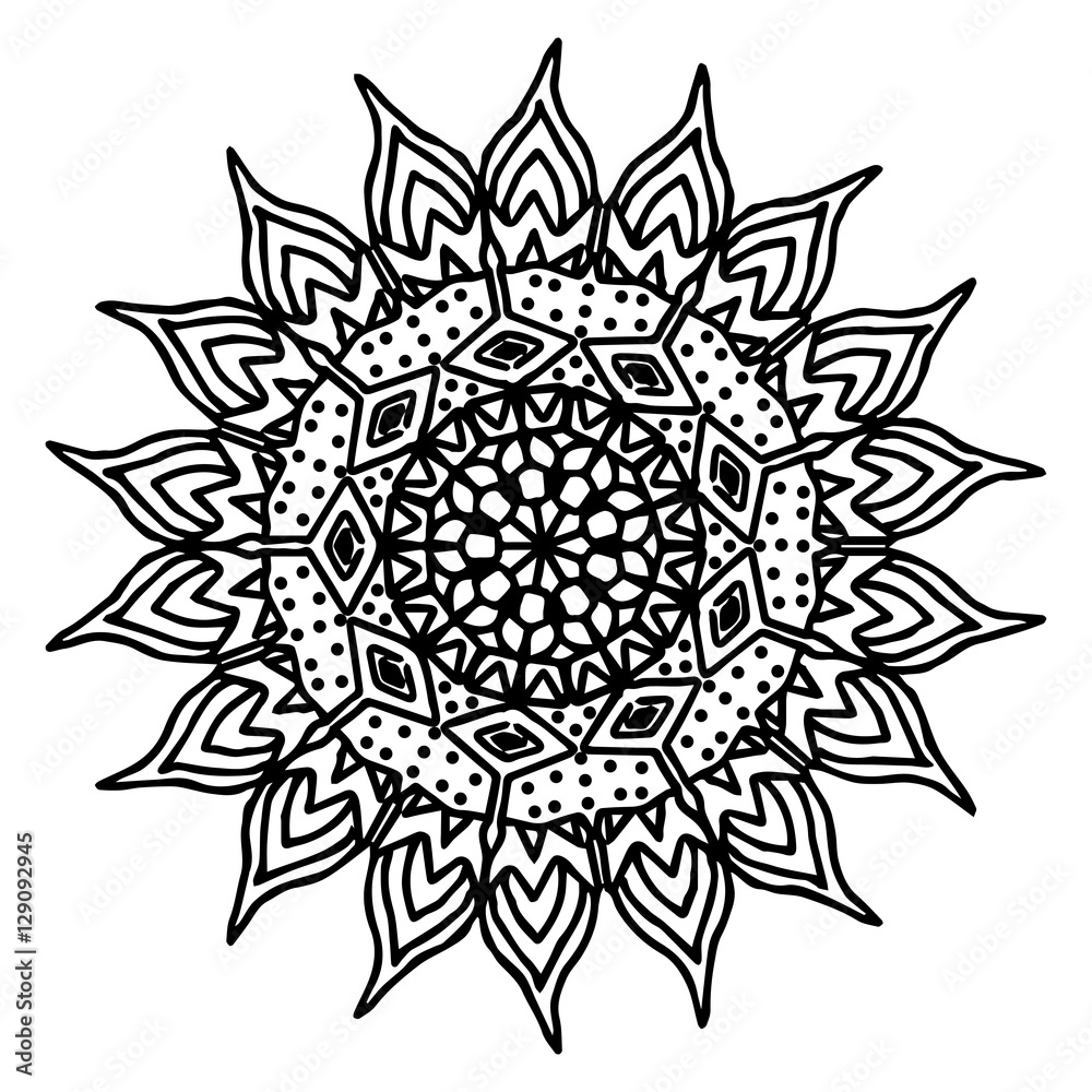 Sun hand drawing doodling mandala coloring page isolated