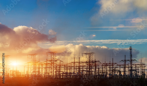 distribution electric substation with power lines and transformers