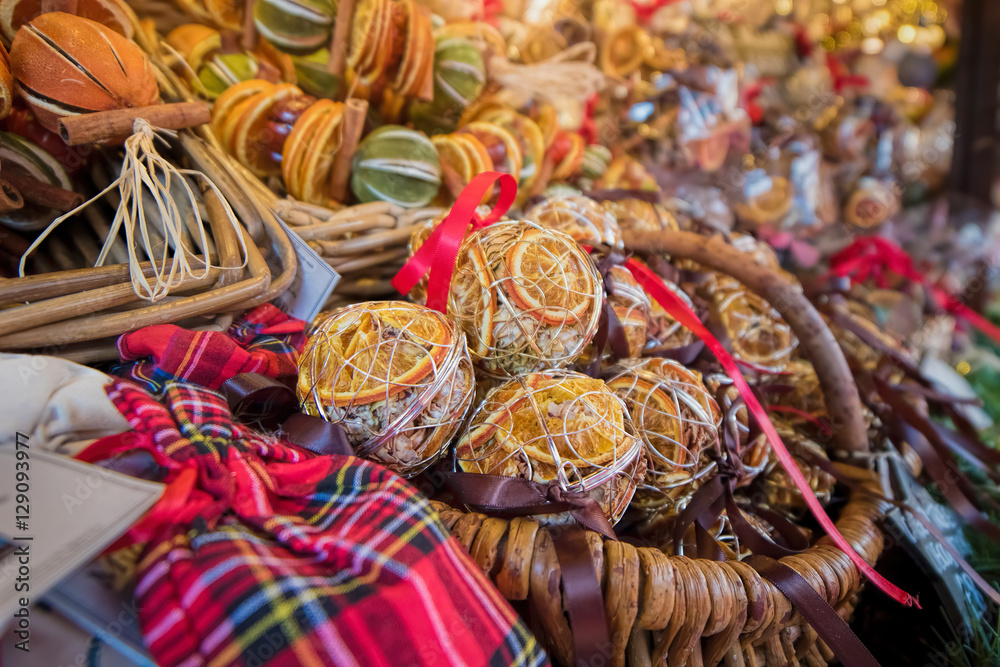 Christmas Market. Traditional Dried Fruit Tree Decorations