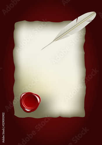 Old parchment  with red wax seal and feather